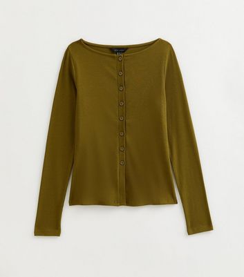 Mid Green Ribbed Button Through Long Sleeve Top