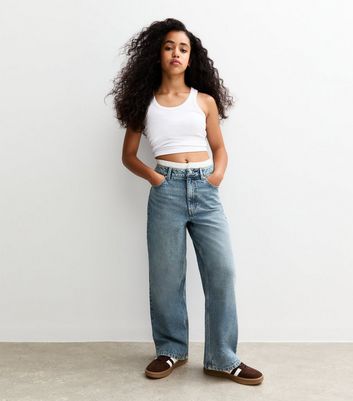 Girls Blue Double Waistband Wide Leg Jeans