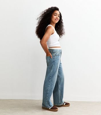 Girls Blue Double Waistband Wide Leg Jeans
