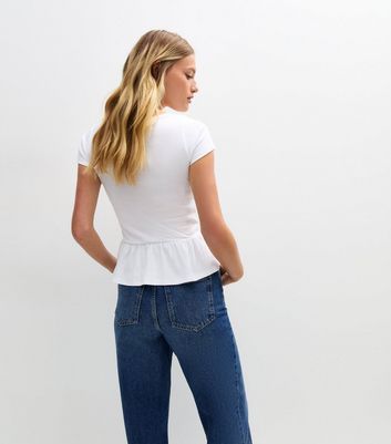 White Scoop Neck Peplum Hem Top