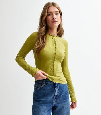 Green Frilly Trimmed Ribbed Top