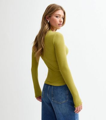 Green Frilly Trimmed Ribbed Top