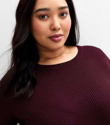 Curves Burgundy Ribbed Knit Crew Neck Jumper