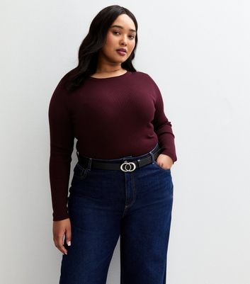 Curves Burgundy Ribbed Knit Crew Neck Jumper