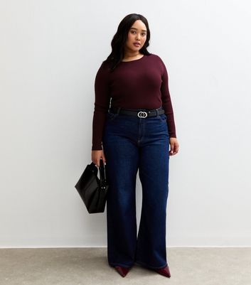 Curves Burgundy Ribbed Knit Crew Neck Jumper 3 Curves Burgundy Ribbed Knit Crew Neck Jumper