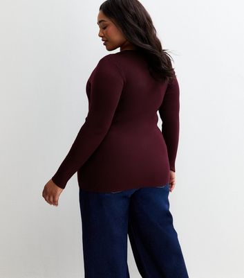 Curves Burgundy Ribbed Knit Crew Neck Jumper 4 Curves Burgundy Ribbed Knit Crew Neck Jumper