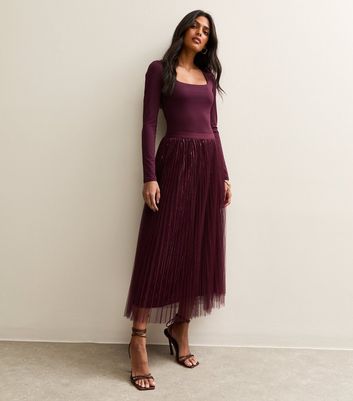 Burgundy Sequin Tulle Midi Skirt