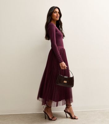 Burgundy Sequin Tulle Midi Skirt