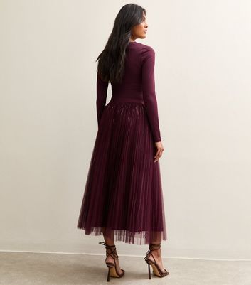 Burgundy Sequin Tulle Midi Skirt