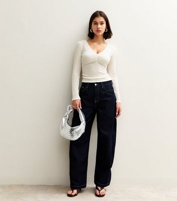 White Textured Ruched Long Sleeve Top