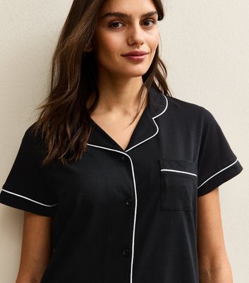 Black Contrast Piping Shirt And Shorts Pyjama Set