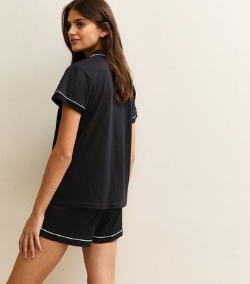 Black Contrast Piping Shirt And Shorts Pyjama Set