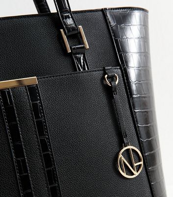 Black Faux Leather Crocodile Embossed Winged Tote Bag 3 Black Faux Leather Crocodile Embossed Winged Tote Bag