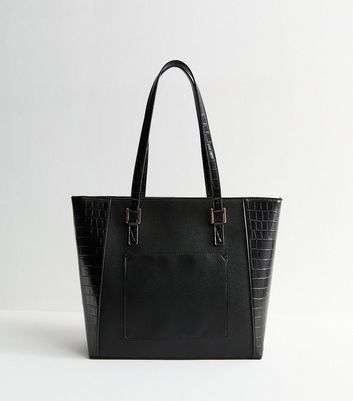 Black Faux Leather Crocodile Embossed Winged Tote Bag 4 Black Faux Leather Crocodile Embossed Winged Tote Bag