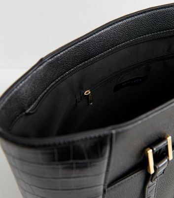 Black Faux Leather Crocodile Embossed Winged Tote Bag 5 Black Faux Leather Crocodile Embossed Winged Tote Bag