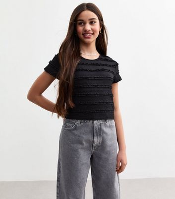 Girls Black Ruffle Lace T-Shirt