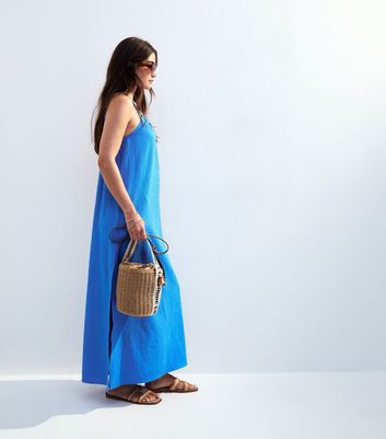 Blue Textured Beaded Strap Beach Maxi Dress 3 Blue Textured Beaded Strap Beach Maxi Dress