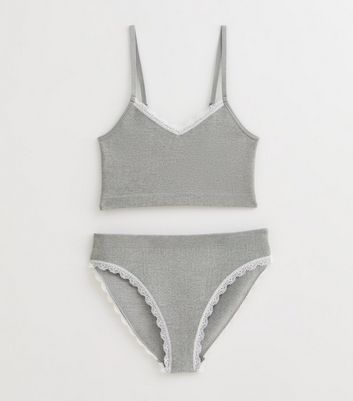 Girls Grey Ribbed Pointelle Trimmed Crop Top and Briefs Set