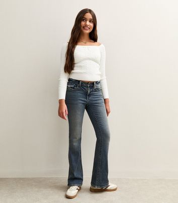 Girls Blue Faded Low Rise Flared Jeans