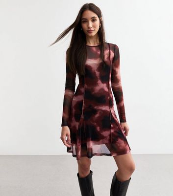 Pink Ink Print Mesh Godet Mini Dress