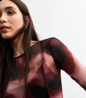 Pink Ink Print Mesh Godet Mini Dress