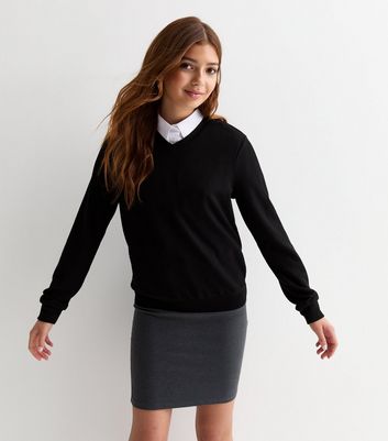 Girls Black V-Neck Jumper
