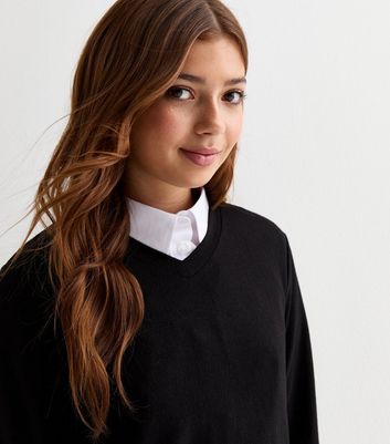 Girls Black V-Neck Jumper
