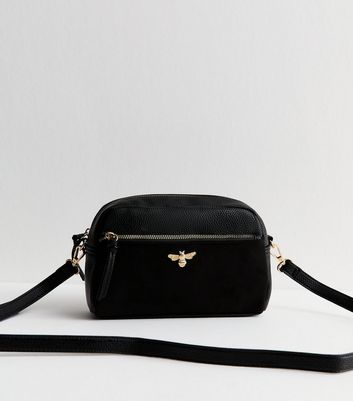 Black Faux Leather Bee Camera Crossbody Bag