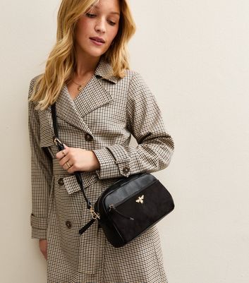 Black Faux Leather Bee Camera Crossbody Bag