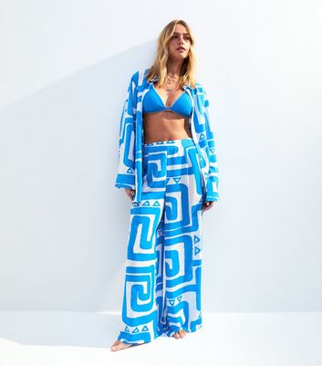 Blue Swirl Patterned Wide Leg Beach Trousers