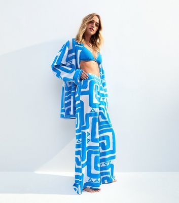 Blue Swirl Patterned Wide Leg Beach Trousers 3 Blue Swirl Patterned Wide Leg Beach Trousers