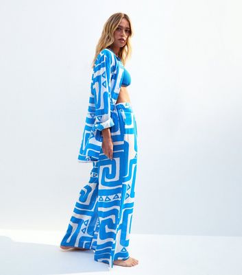 Blue Swirl Patterned Wide Leg Beach Trousers 4 Blue Swirl Patterned Wide Leg Beach Trousers