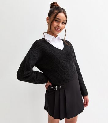 Girls Black Cable Knit V Neck School Jumper