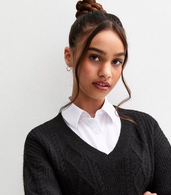 Girls Black Cable Knit V Neck School Jumper