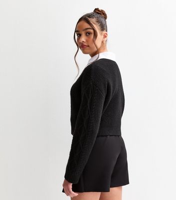 Girls Black Cable Knit V Neck School Jumper 4 Girls Black Cable Knit V Neck School Jumper