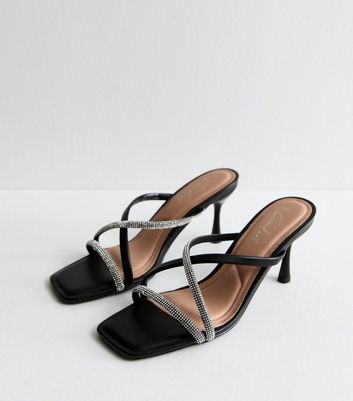 Black Diamante Multi Strap Mule Sandals