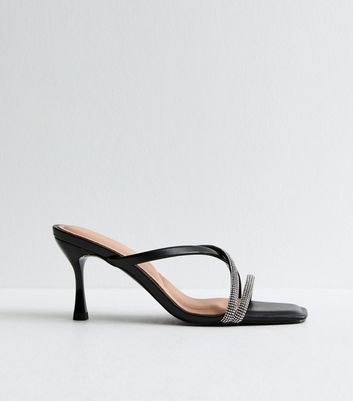 Black Diamante Multi Strap Mule Sandals
