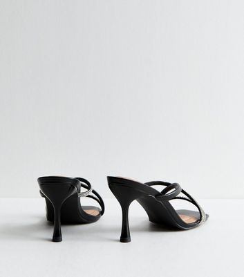 Black Diamante Multi Strap Mule Sandals