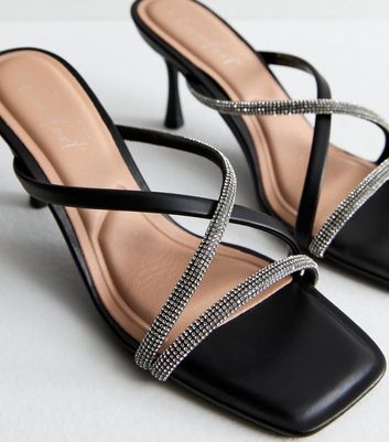 Black Diamante Multi Strap Mule Sandals