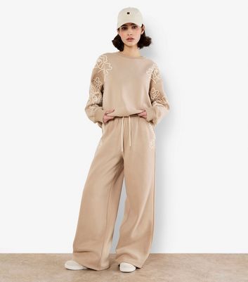 Apricot Brown Floral Embroidered Trousers