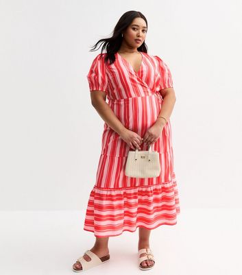 Curves Pink Stripe Print Tiered Midi Dress