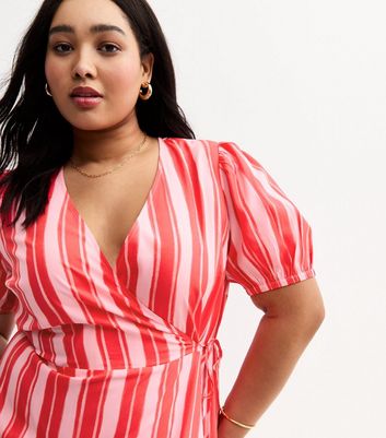 Curves Pink Stripe Print Tiered Midi Dress