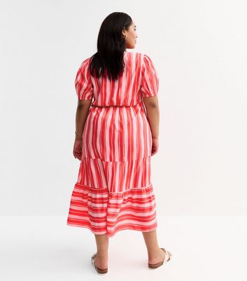 Curves Pink Stripe Print Tiered Midi Dress 4 Curves Pink Stripe Print Tiered Midi Dress