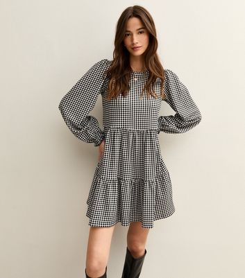 Black Gingham Tiered Mini Smock Dress