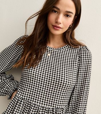 Black Gingham Tiered Mini Smock Dress