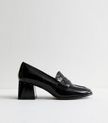 Black Block Heel Penny Loafer Court Shoes