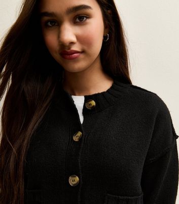 Girls Black Chunky Front Pocket Cardigan
