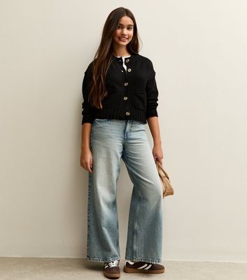 Girls Black Chunky Front Pocket Cardigan 3 Girls Black Chunky Front Pocket Cardigan