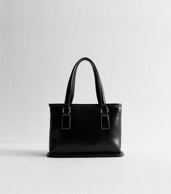 Black Contrast Stitching Faux Leather Mini Tote Bag 4 Black Contrast Stitching Faux Leather Mini Tote Bag
