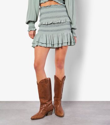 Apricot Mint Green Smocked Ruffle Mini Skirt